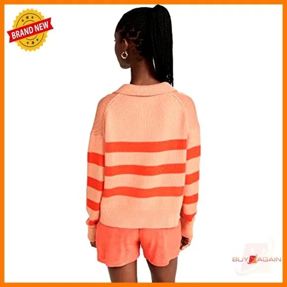 Cotton Cashmere Striped Polo Sweater Drop Shoulder Split Neck Classic Preppy